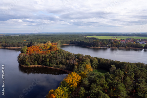 Aerial shot of beautiful lake surrounded by forest in a calm autumn day. Germany.