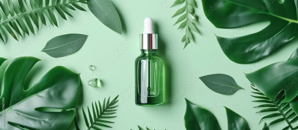 A terrestrial plant with green leaves placed on a green background, beside a glass bottle containing green liquid, resembles the tints and shades of grass on dishware. A terrestrial plant with green leaves placed on a green background, beside a glass bottle containing green liquid, resembles the tints and shades of grass on dishware.