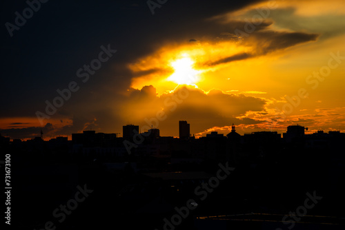 Bucharest city skyline view seen from Piata Muncii at sunset. Bucharest city silhouette at sunrise, sunset, Romania