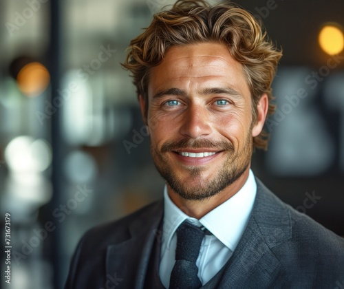 Portrait of handsome smiling businessman with suit in office background