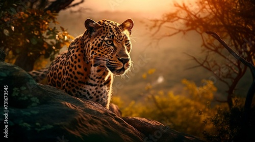 A majestic leopard perched atop a boulder surveys its domain with a watchful gaze