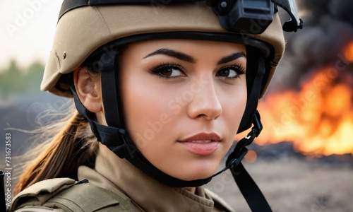 close-up of a Woman soldier the background of fire 