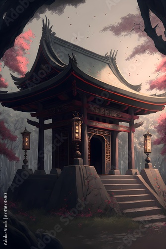 AI generated illustration of Japanese shrine with stairs and illuminated lanterns on cloudy sky
