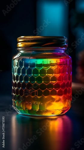 A glass jar with a colorful candle burning in it, illuminated on a table photo