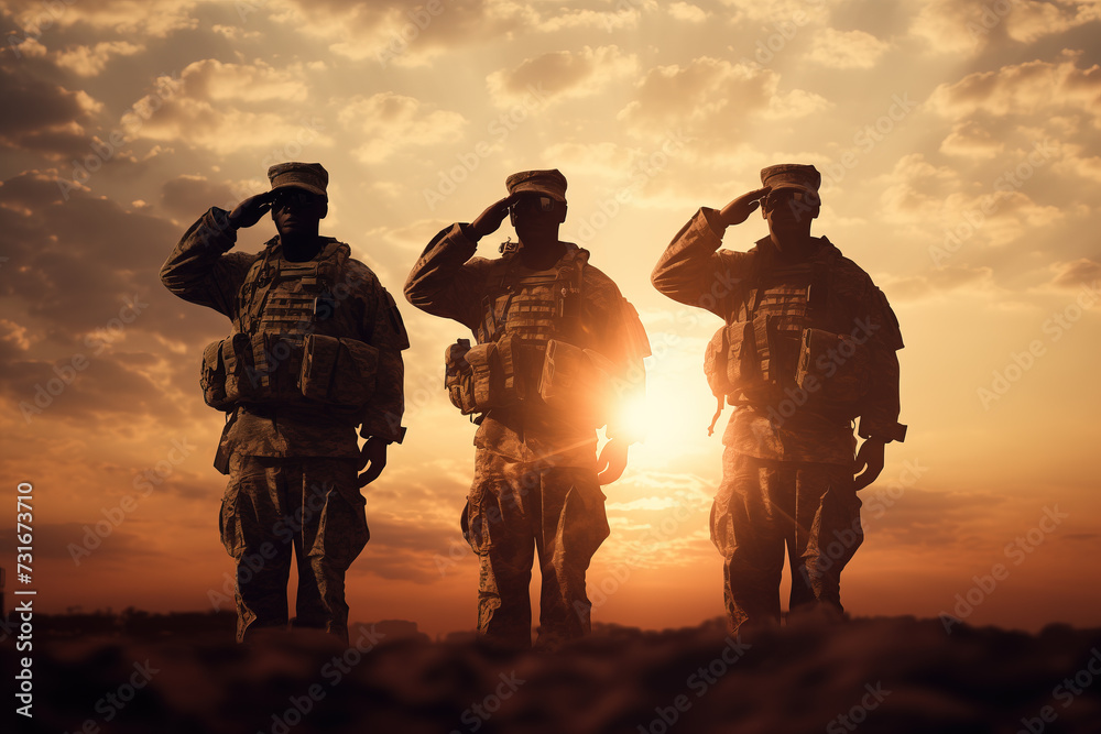 Silhouette of soldiers against the background of sunset or dawn.