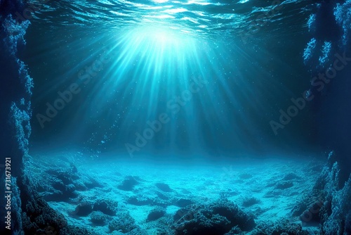 AI generated illustration of a blue ocean underwater with sun rays