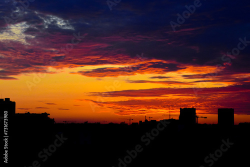 Bucharest city skyline view seen from Piata Muncii at sunset. Bucharest city silhouette at sunrise, sunset, Romania