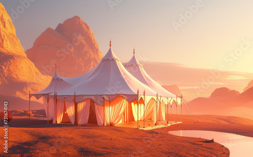 an image of a tent made of white cloth at sunset