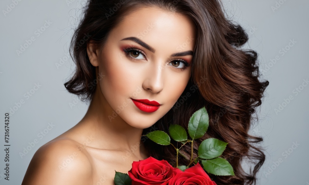 Portrait of a beautiful young woman with red roses
