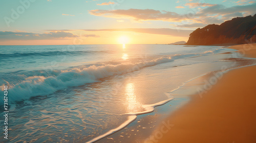 A serene beach, with golden sand as the background, during a peaceful sunset © CanvasPixelDreams