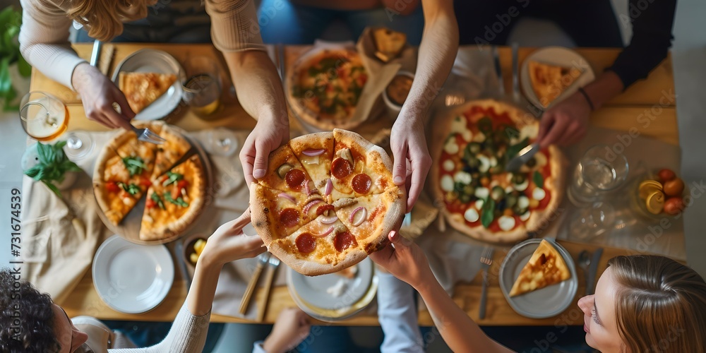 Friends sharing a delicious pizza meal at a cozy gathering. enjoying food together, captured from above. perfect for food and lifestyle themes. AI - obrazy, fototapety, plakaty 