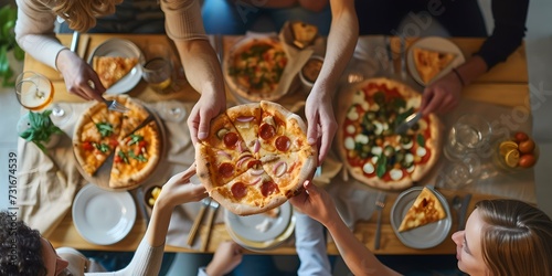 Friends sharing a delicious pizza meal at a cozy gathering. enjoying food together, captured from above. perfect for food and lifestyle themes. AI