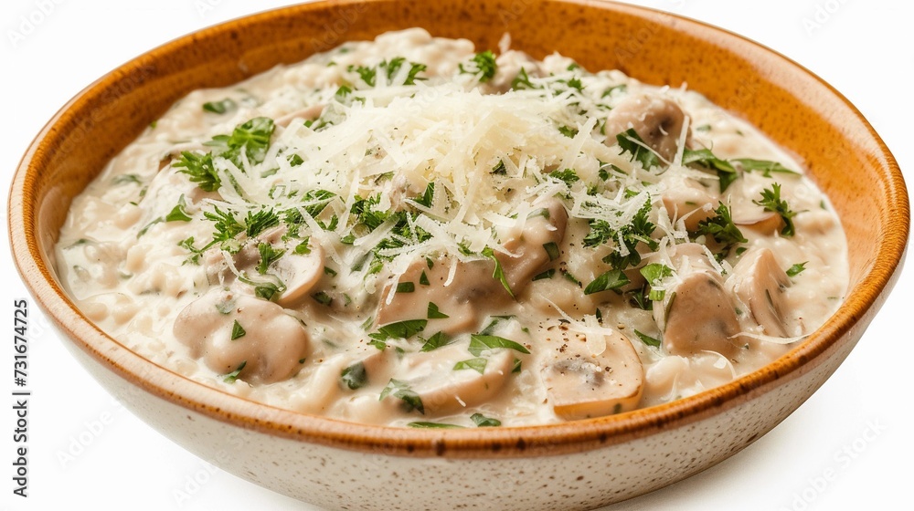 Mushroom Risotto, creamy mushroom risotto garnished with fresh herbs and grated parmesan cheese, background image, generative AI Mushroom Risotto, creamy mushroom risotto garnished with fresh herbs and grated parmesan cheese, background image, generative AI