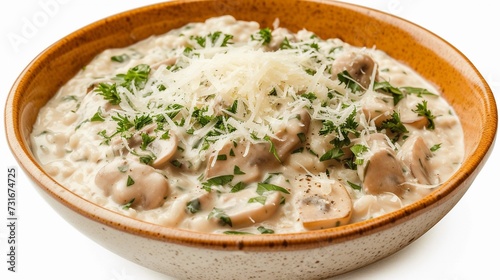 Mushroom Risotto, creamy mushroom risotto garnished with fresh herbs and grated parmesan cheese, background image, generative AI