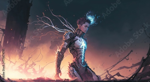 The sci-fi concept depicts a male cyborg recovering energy, AI generated illustration