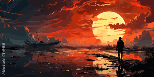 A man standing in a river with his shipwreck against the background of the sky upside down, digital art style, illustration painting