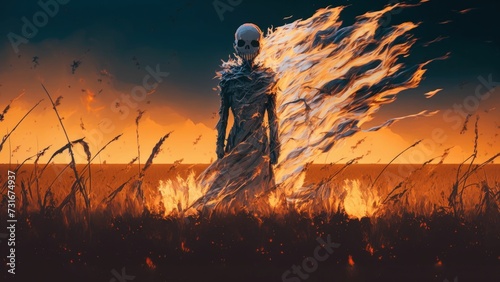 A ghost is standing in a field of flames, illustration painting - AI generated