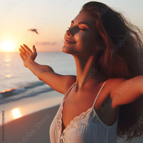 A backlit portrait capturing a woman's serene joy, eyes closed, arms wide, embracing a beautiful sunset by the seashore.