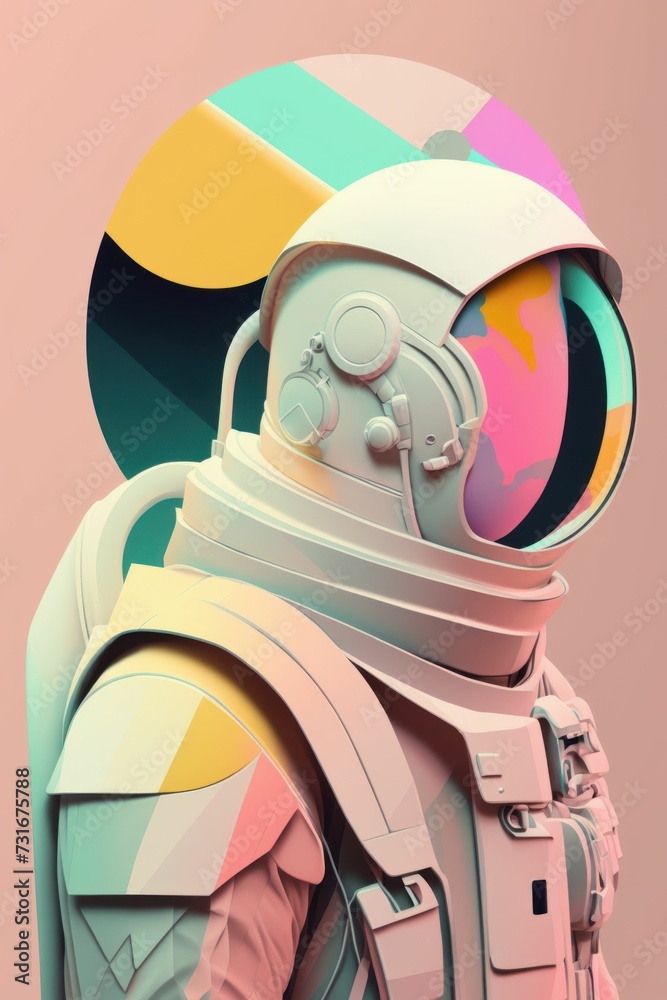 AI generated illustration of a side profile of an astronaut wearing a vibrant colored space helmet - obrazy, fototapety, plakaty 