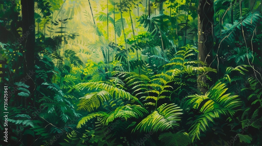 Fern Growing From The Trees, a vibrant fern unfurling its delicate fronds amidst the dense foliage of the forest, a sense of renewal and growth in the air, Painting