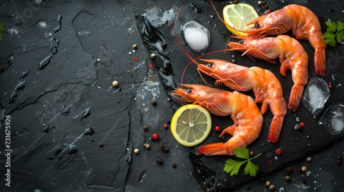 Fresh prawns on a dark stone background with lemon and herbs. seafood preparation, gourmet cuisine concept. elegant presentation, culinary art. AI