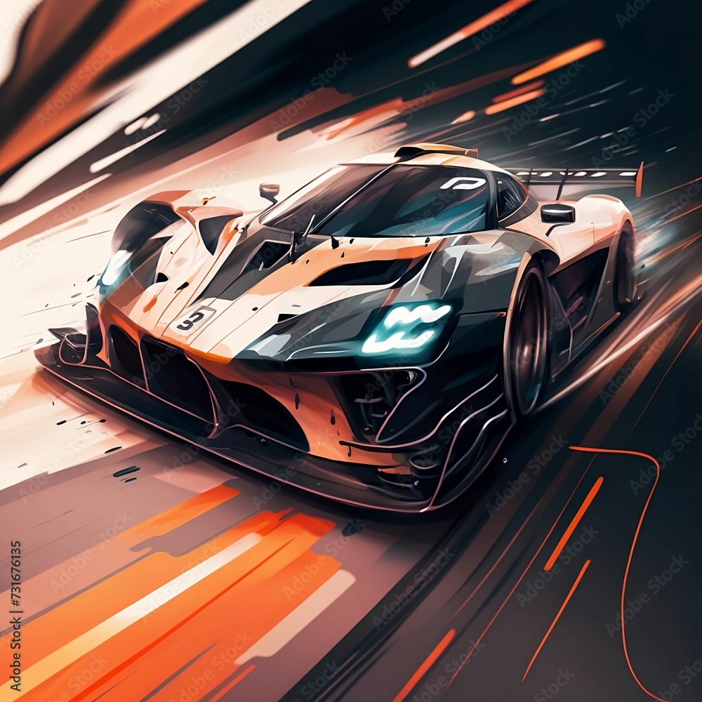 AI generated illustration of a luxurious sportscar speeding on a road with zooming lights around it