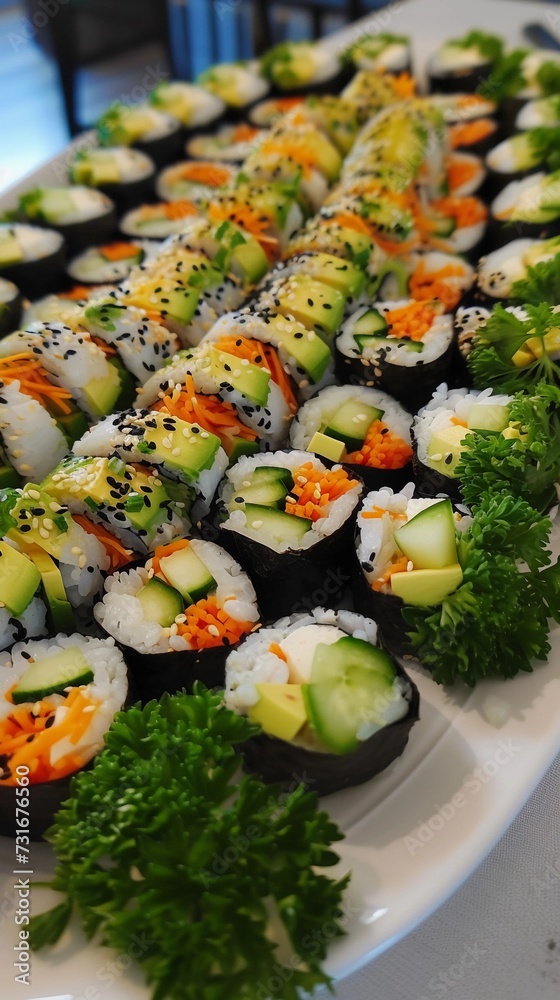 Vegetarian Sushi Rolls, assortment of vegetarian sushi rolls filled with avocado cucumber carrot and other fresh vegetables, background image, generative AI
