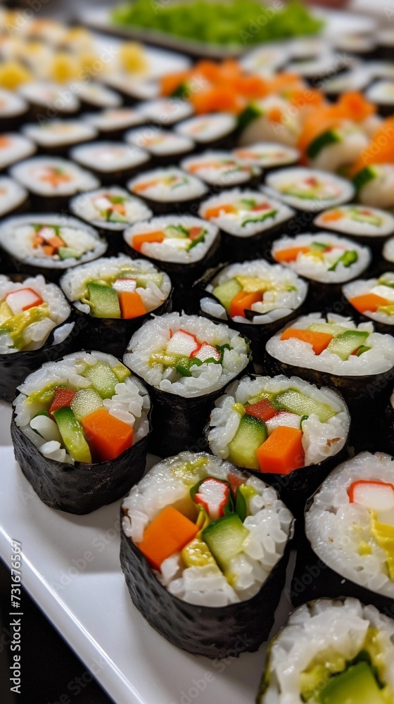 Vegetarian Sushi Rolls, assortment of vegetarian sushi rolls filled with avocado cucumber carrot and other fresh vegetables, background image, generative AI Vegetarian Sushi Rolls, assortment of vegetarian sushi rolls filled with avocado cucumber carrot and other fresh vegetables, background image, generative AI