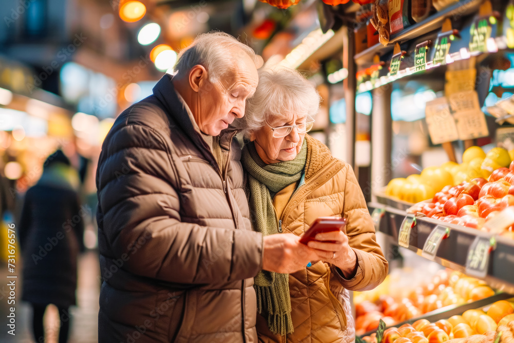 Elderly couple looking at their smartphone while shopping at the fruit shop in a market.