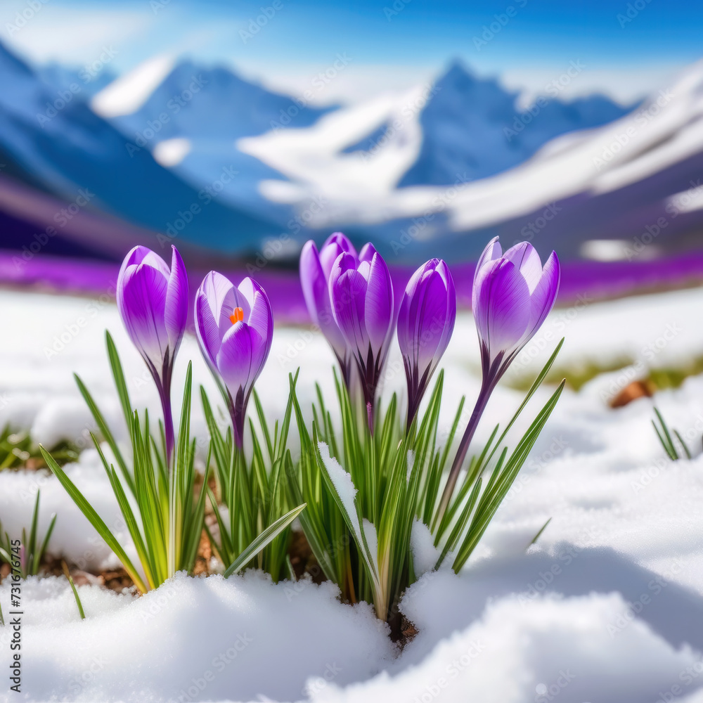 A close-up of a bright purple crocus makes its way through the snow in the mountains, the mountains in the background. Front view. Bright day. Selective focus.