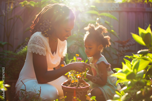 African American mother and daughter enjoy gardening together taking care of a plant in the garden. Springtime concept.