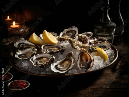 AI generated illustration of fresh oysters served on ice with a side of lemon