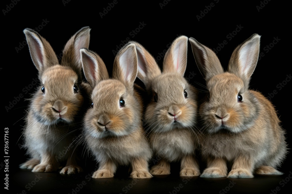 AI generated illustration of a group of baby bunnies on a black background AI generated illustration of a group of baby bunnies on a black background