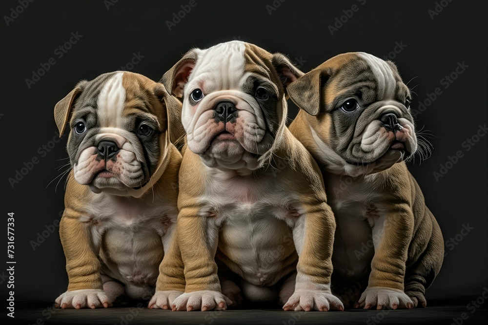 AI generated illustration of a group of cute baby bulldog puppies on a black background