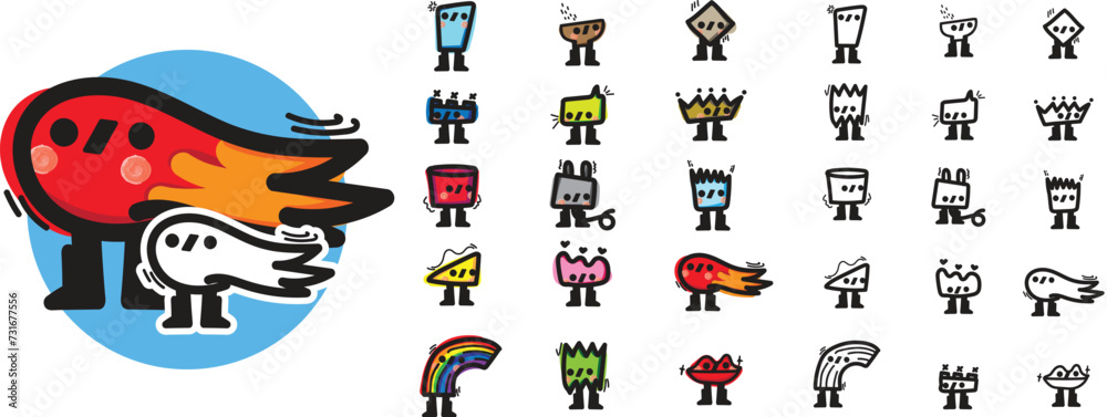 Obraz premium Mega set. Collection. Abstract comic character. hand drawn style. Vector illustration.