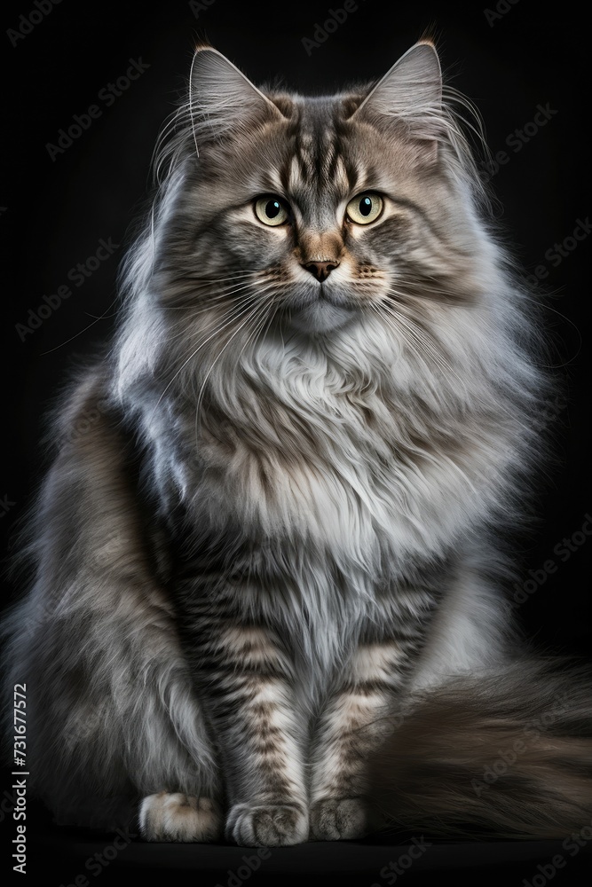 AI generated illustration of a fluffy gray Norweigan mountain cat on a black background