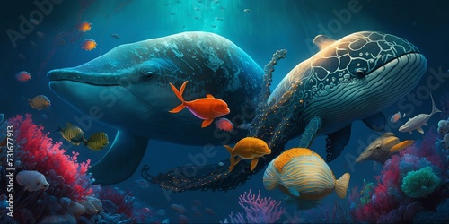 AI generated illustration of two blue whales underwater