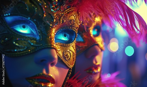 Venetian carnival mask at night, Venice, Italy.