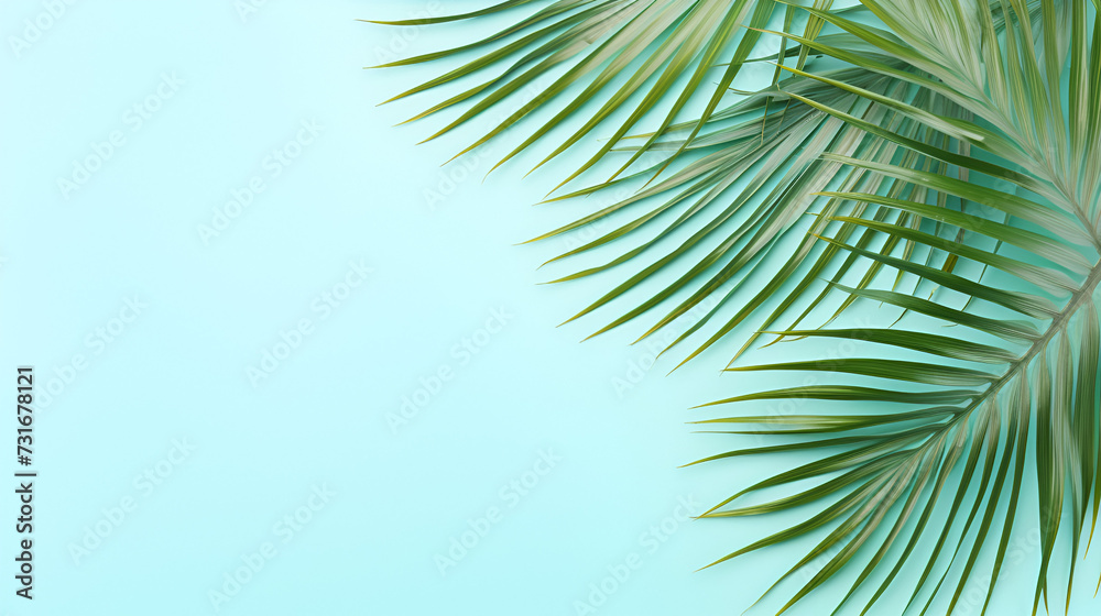 Tropical leaves palm tree on a blue background with copy space for text, Flat lay of green tropical leaf on the sky blue background, AI generated