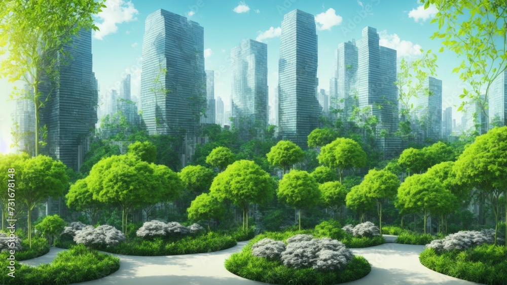 An AI generated illustration of a large futuristic urban city with trees in the middle
