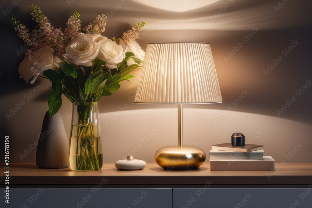 A lamp and flowers on the bedside table in the bedroom. Home interior in a modern style. A lamp and flowers on the bedside table in the bedroom. Home interior in a modern style.