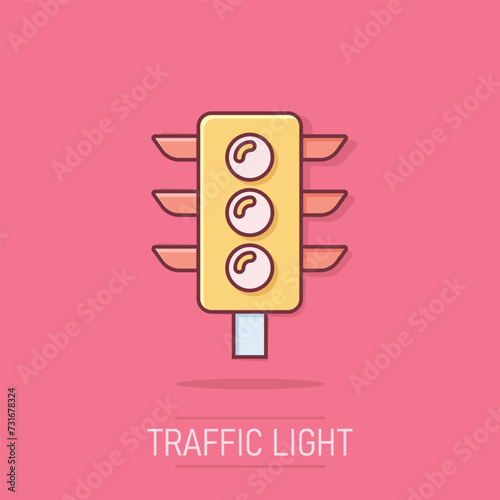 Semaphore icon in comic style. Traffic light cartoon vector illustration on isolated background. Crossroads splash effect business concept.