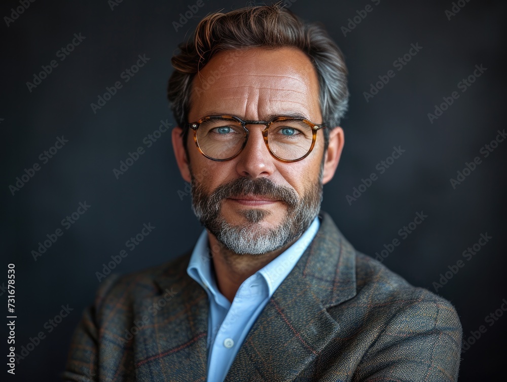 Obraz premium Portrait of handsome smiling businessman with suit in professional studio background