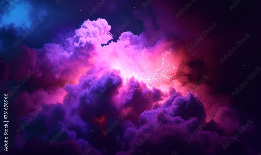 3d render, bright light inside the stormy cloud on the dark sky, neon background, Generative AI