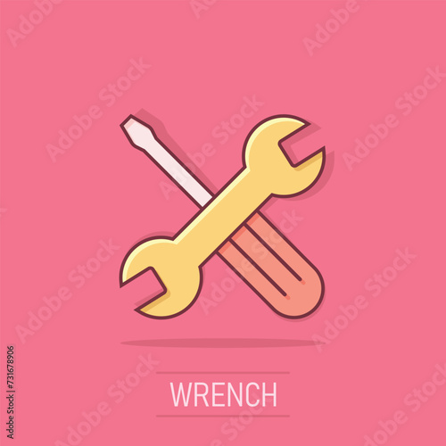 Wrench and screwdriver icon in comic style. Spanner key cartoon vector illustration on isolated background. Repair equipment splash effect business concept.