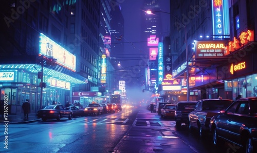 Rainy night in the city, closeup image of rainy road with reflected neon lights © TheoTheWizard