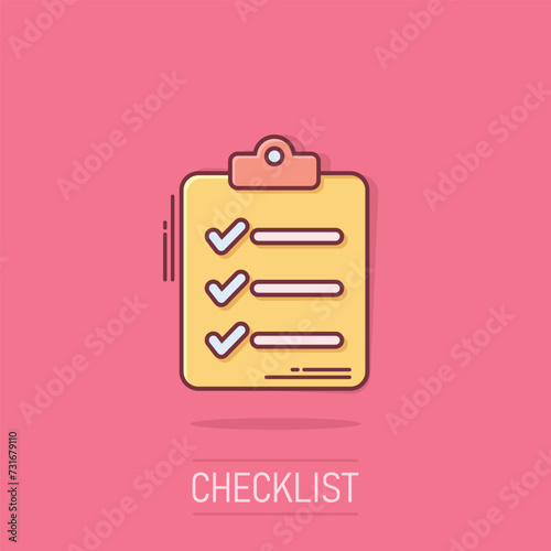 Document checklist icon in comic style. Report cartoon vector illustration on isolated background. Paper sheet splash effect business concept.