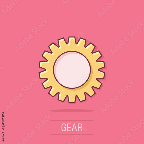 Gear vector icon in comic style. Cog wheel cartoon illustration on isolated background. Gearwheel cogwheel splash effect business concept.