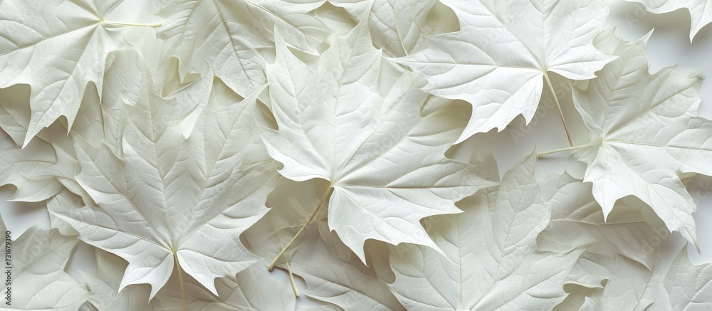 A detailed view of white maple leaves on a white surface, resembling petals of a flower. The groundcover showcases the beauty of this terrestrial plant. A detailed view of white maple leaves on a white surface, resembling petals of a flower. The groundcover showcases the beauty of this terrestrial plant.