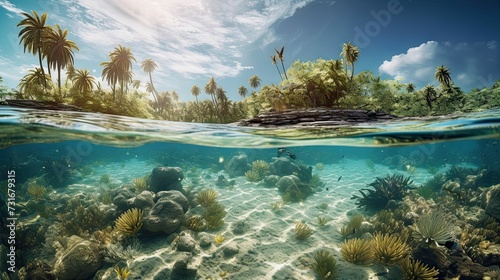 AI generated illustration of a stunning underwater view of a tropical oasis featuring palm trees